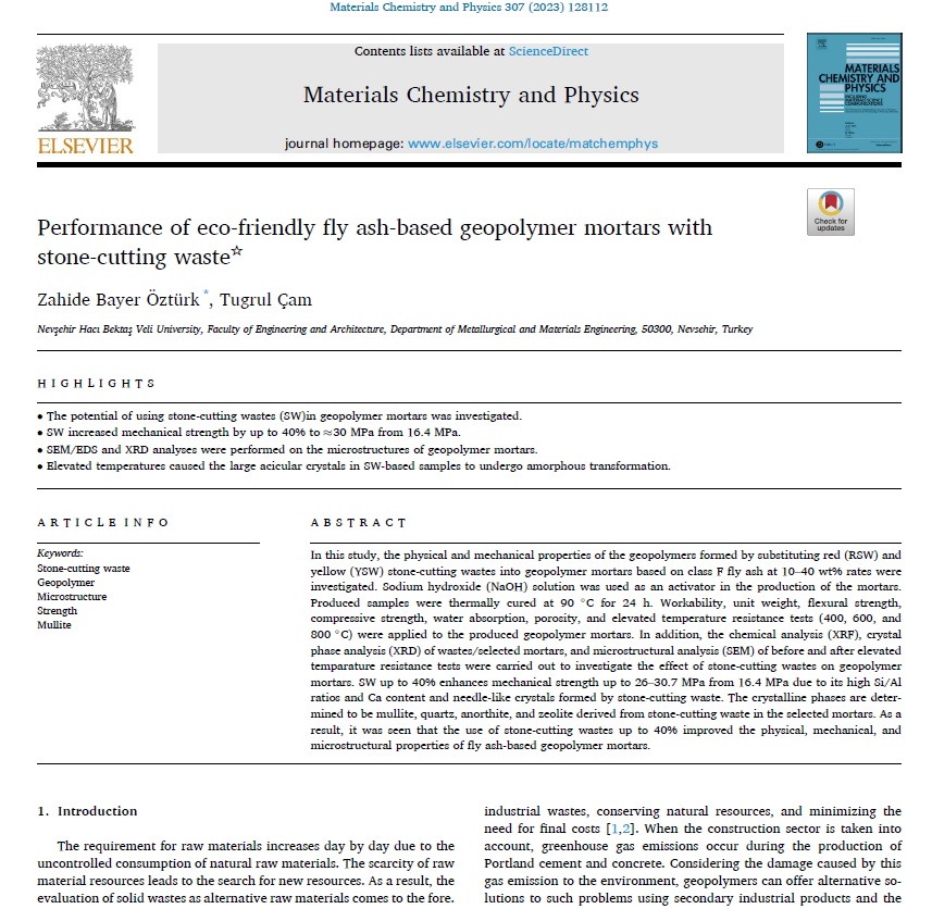 ÖZ KAPADOKYA SARITAŞ ULUSLARARASI  ' MATERİALS CHEMİSTRY AND PHYSİCS ' DERGİSİNDE YERİNİ ALDI